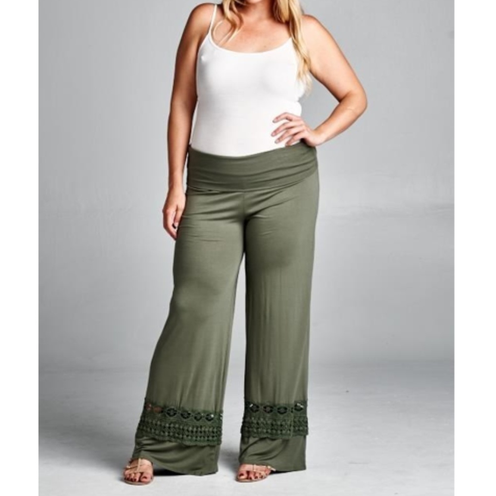 ️5Olive Palazzo Pant Lace Applique 3x & 2x